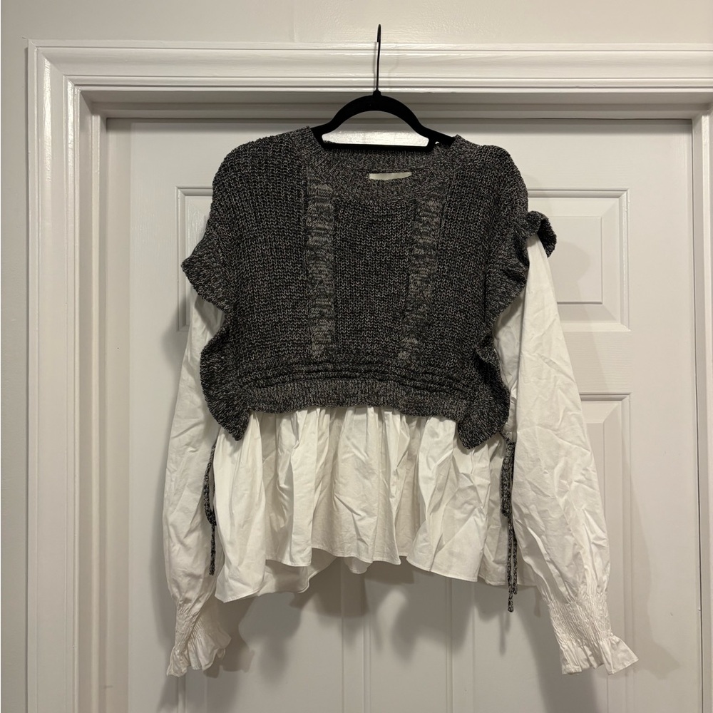 Pinch Charcoal and White Knit Sweater Blouse Bow Details Women’s Size L